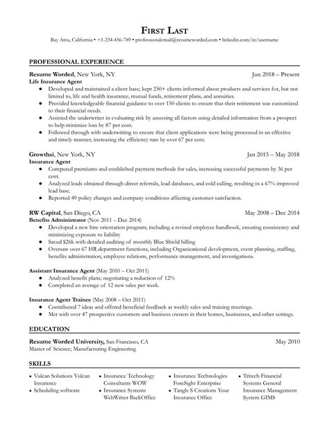 Life Insurance Agent Resume Examples For 2025 Resume Worded