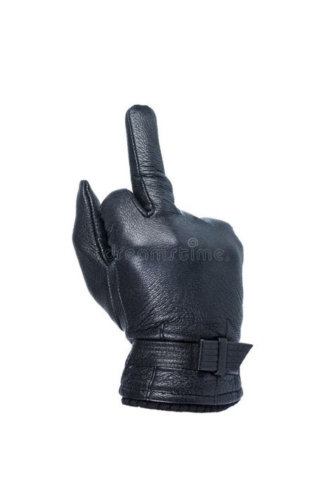 Hand In Black Leather Glove Showing Middle Finger Stock Photo Image