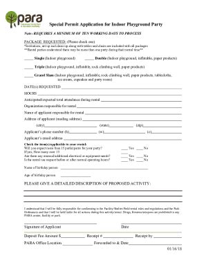 Fillable Online Special Permit Application For Indoor Playground Party