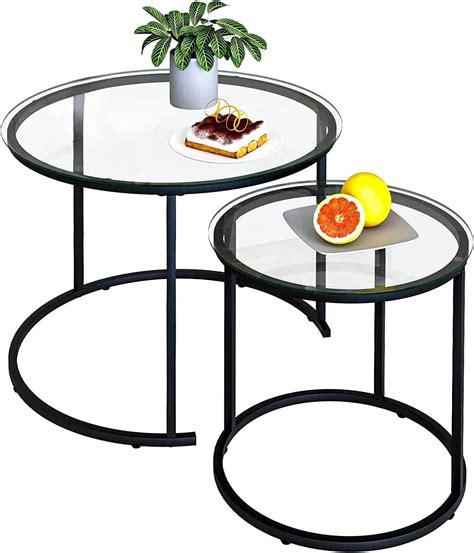 Nesting Coffee Table Set Of 2modern Black Tempered Glass Side Table Metal Frame Round End