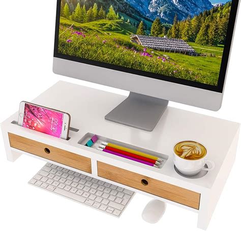 Computer Monitor Stand With Drawers White Wood Laptop Screen Printer Tv Riser 22