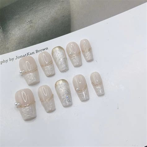 Handmade Fake Nails Press On Nails Nude White French Gold Chrome Line Pearls Long Short False