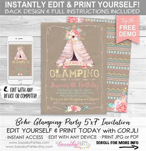 Boho Glamping Invitation Birthday Sleepover Instant Download