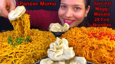 Eating Spicy Maggi Masala 2X Spicy Fire Noodles Paneer Momo Mukbang