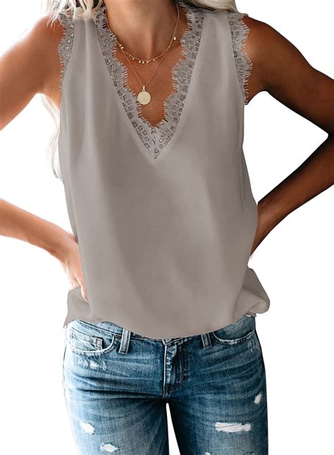 Dokotoo Womens Lace Shirts Gray Flowy Loose Tanks For Women V Neck Tank