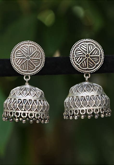 Silver Look Alike Oxidised Jhumka Style Earrings Jtu