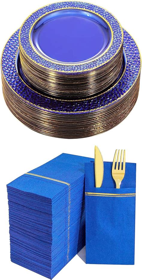 Amazon Nervure 102PCS Blue Plastic Plates Clear Blue Gold