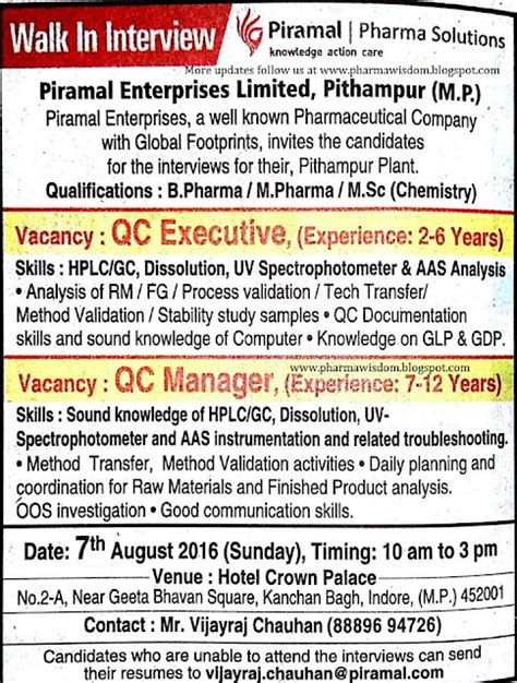 Piramal Pharma Solutions Walk In Interview For Qc Executive Qc