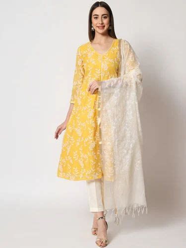 Yellow Kota Embroidered A Line Kurti With Straight Pants And Kota