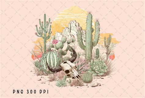 Cow Skull Desert Sun Cactus Vintage PNG Graphic By Flora Co Studio