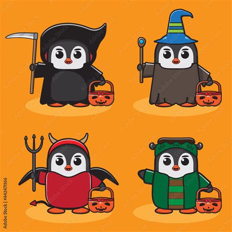 Vector illustrations of cute Cartoon Penguin Halloween set. Reaper ...