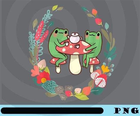 Frogs Drinking Tea Mushroom Cute Cottagecore Aesthetic Frog Frog On A Mushroom Cute Forestcore