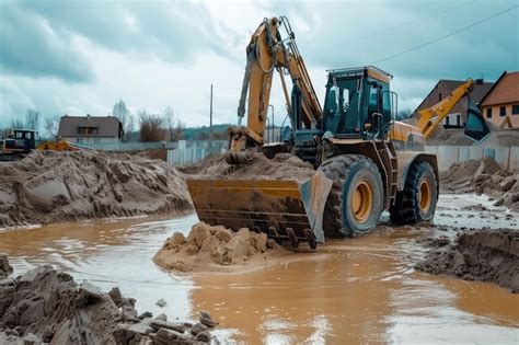 Cargador De Ruedas Excavadora Que Descarga Arena Con Agua Durante Los