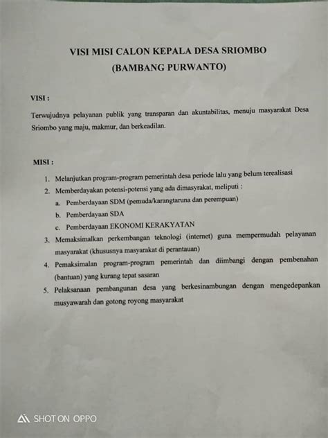 Visi Dan Misi Bakal Calon Kepala Desa Sriombo Periode Desa