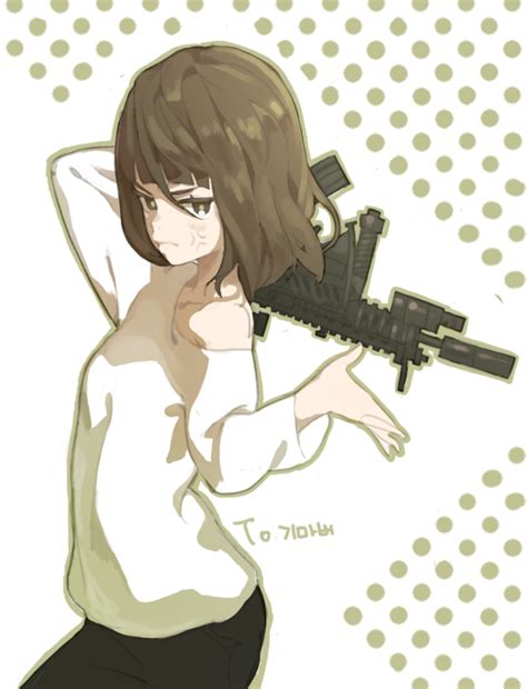 Safebooru 1girl Anger Vein Assault Rifle Bangs Black Pants Blunt