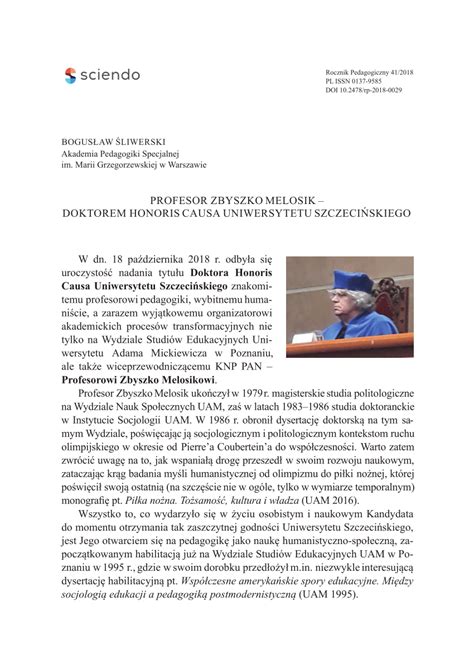 Pdf Profesor Zbyszko Melosik Doktorem Honoris Causa Uniwersytetu