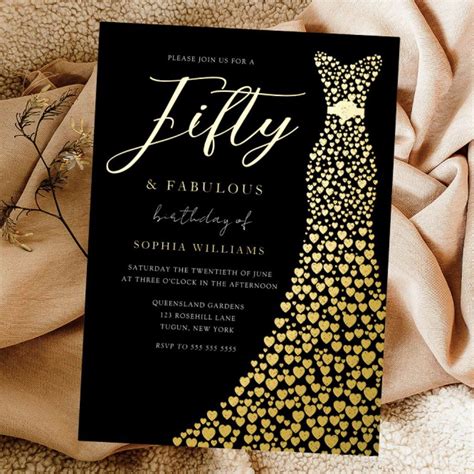 Gold Foil Heart Dress 50th Birthday Party Golden Foil Invitation 50th