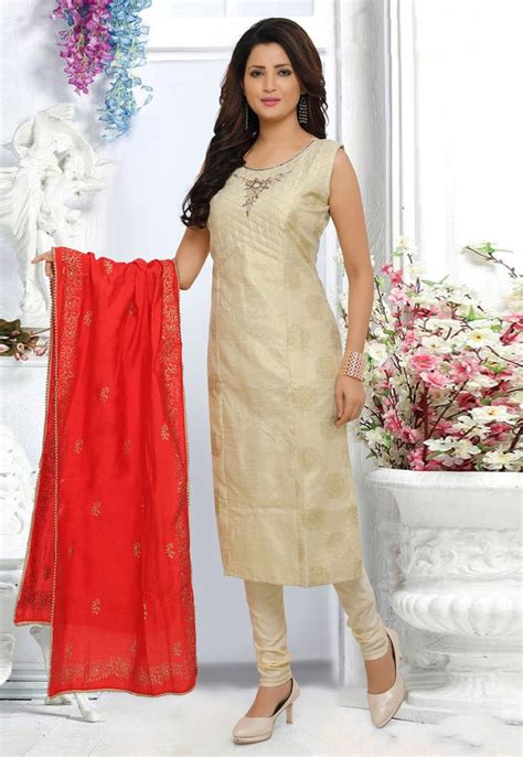 Beige Cotton Silk Readymade Churidar Salwar Kameez Fashion