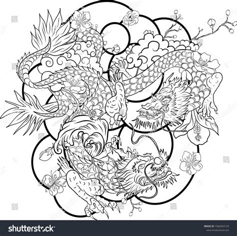 Hand Drawn Dragon Tattoo Coloring Book Japanese Royalty Free Stock