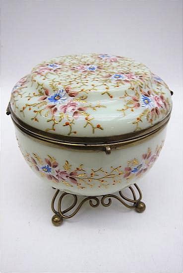 Lot ENAMELED CUSTARD GLASS BOX Hand Enameled Floral