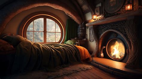 Cozy Hobbit Home Serene Bedroom Retreat With Warm Fireplace And