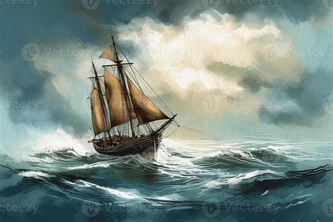 Storm Lonely Sailing Ship On Huge Waves Seascape Painted With