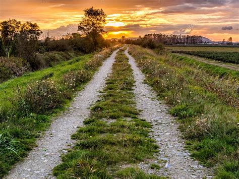 Caminho De Estrada De Terra Levando Ao Pôr Do Sol — Fotografias De