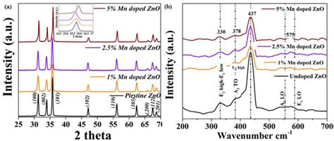 A Xrd Pattern Of Pristine And Mn Doped Zno And B Raman Spectrum