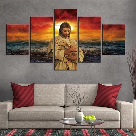 Jesus Lamb World Sunset Christianity Five Piece Canvas Wall Art Home