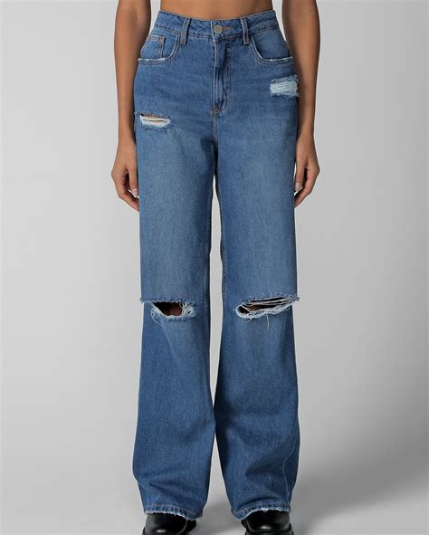 Riachuelo Cal A Jeans Feminina Wide Leg Cintura Alta Destroyed Denim