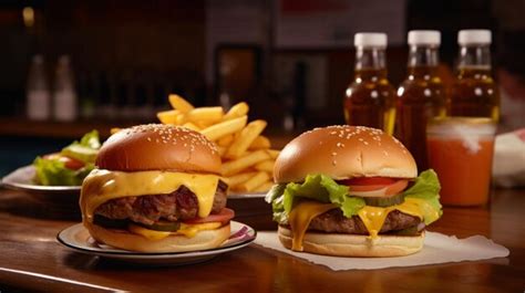 Dos hamburguesas en una mesa con una botella de ketchup detrás Foto