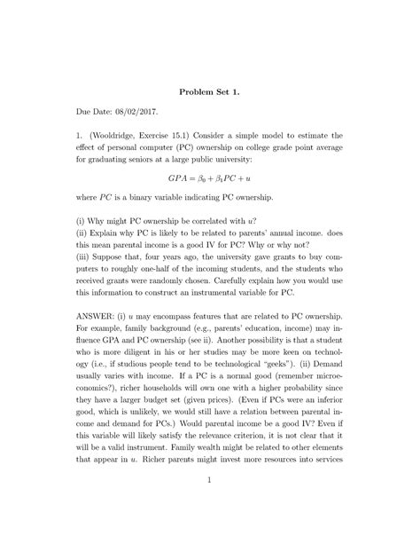 Ps 1 Econometrics Notes And Problem Sets Problem Set 1 Due Date