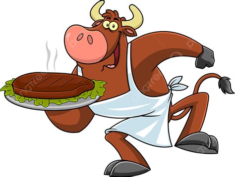 Bull Chef Cartoon Character Holding A Platter With Grilled Beef Steak