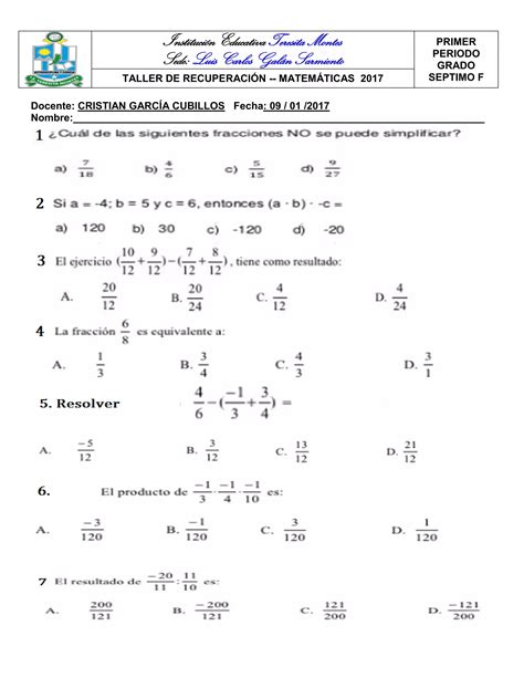 Recuperaciones Dmatem Ticas Grado Pdf