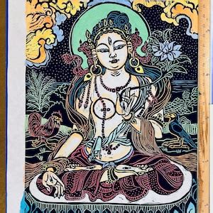 Tara In Kona Woodblock Print Watercolor Painting Goddess Compassion