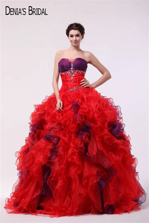 2017 Red And Purple Organza Ball Gown Evening Dresses With Sweetheart Neckline Ruffles Beaded