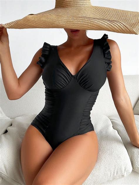 Ruffle Trim Ruched One Piece Swimsuit Shein Usa