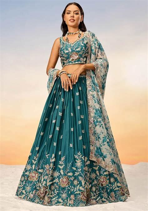 Buy Women Teal Sequin Embroidered Lehenga Set Lehenga Set Indya