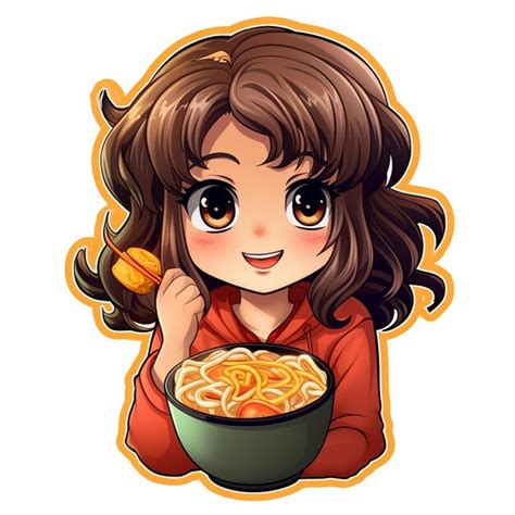 Premium Photo Sticker Of Cute Kawaii Girl Eating Ramen