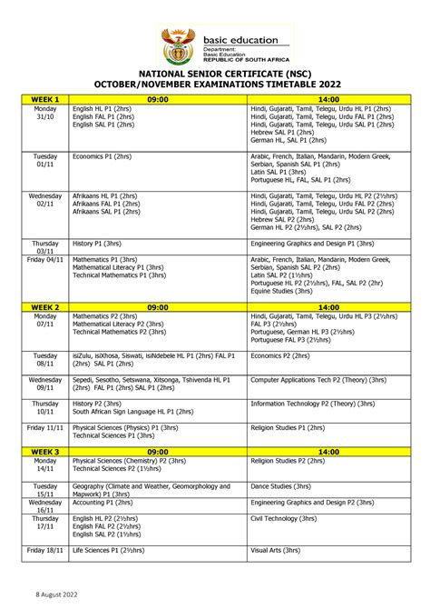 2022 Nsc Timetable Revised 8 August 2022 National Senior Certificate