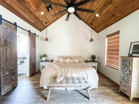 Vaulted Wooden Beadboard Ceiling In Farmhouse Bedroom Soul And Lane