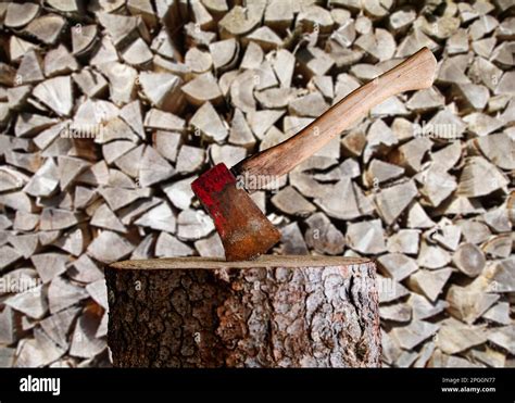 Axe On Chopping Block In Front Of Wooden Bend Black Forest Baden Wuerttemberg Composing