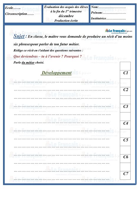 Examen de Production écrite 6ème année trimestre 1 Le français du