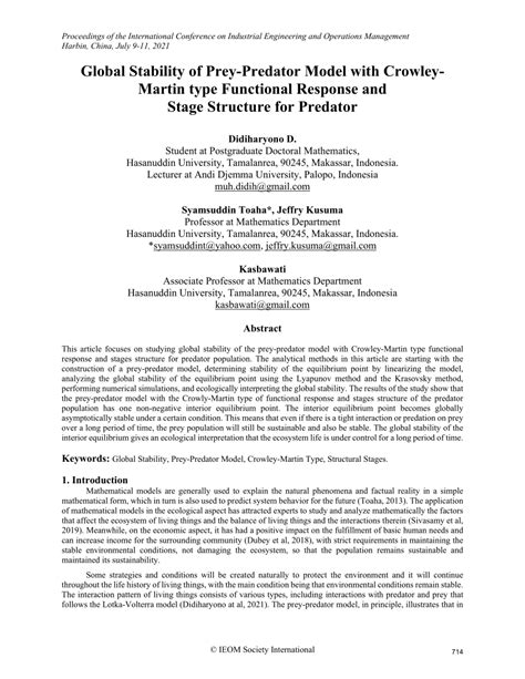 Pdf Global Stability Of Prey Predator Model With Crowley Martin Type