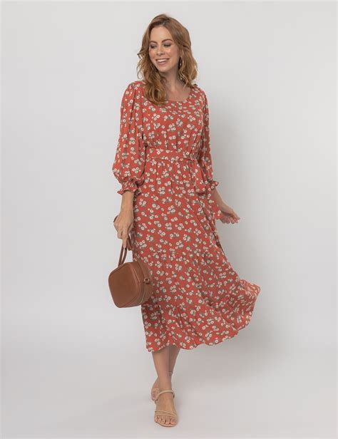 Vestido Midi Floral Terracota Sangue Latino