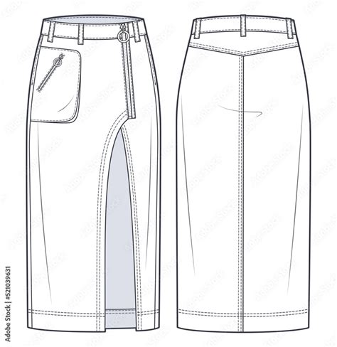 Asymmetric Denim Skirt Technical Fashion Illustration Midi Skirt Fashion Flat Sketch Template