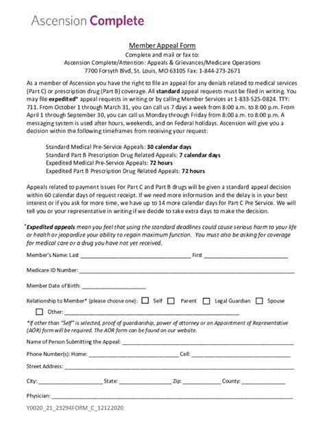 Fillable Online Member Appeal Form Ascension Complete Fax Email Print