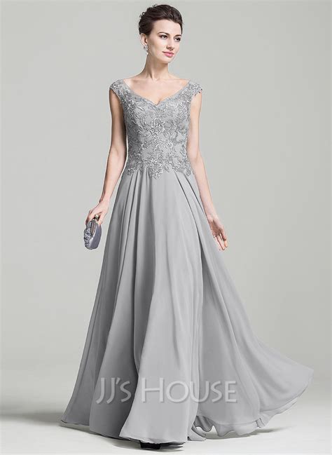 A Line Princess V Neck Floor Length Chiffon Evening Dress With