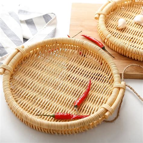 Haosen Round Rattan Serving Tray Rattan Food Tray Decorative Storage