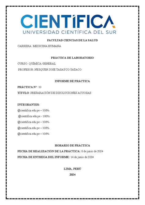 Informe De Pr Ctica N Preparaci N De Disoluciones Acuosas Qu Mica